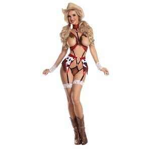 Yee-Haw Cupless Fringe Playsuit Set with Cow-Print Garter Belt